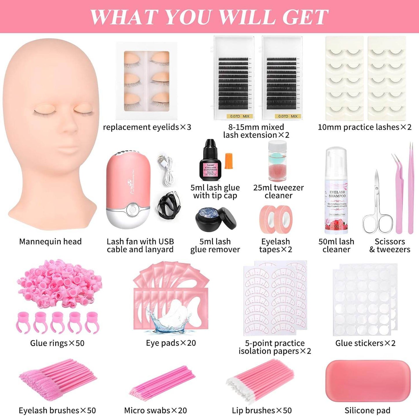 Lash Training Kit for Eyelash Extension, 232 Pieces, Individual Lash Kit for Beginner Practice with Everything: Mannequin Head with Removable Eyelids Fan Eyelashes Glue Tweezers Lash Tools Supplies - My Store